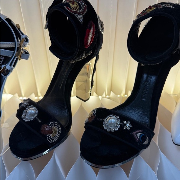Alexander McQueen Black Velvet Embellished Ankle-Strap Heels